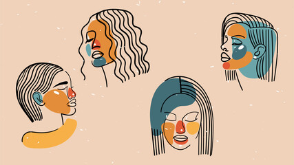Cartoon faces of girls isolated on beige. Portraits of beautiful women from lines, geometric shapes in rainbow colors. A set of four illustrations, sketches for social networks, avatars, stories.