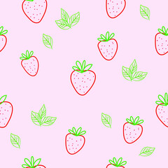 seamless pattern with strawberries vector drawing,pink background , strawberry fruits and leaves