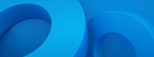 Abstract 3d render, modern geometric elements, graphic design with circles over blue background, panoramic image