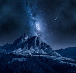 Milky way over Passo delle Erbe, Dolomites. Wildlife at night.
