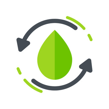 Water Drop Icon. Green Water Droplet With Looped Arrow. Waste Water Treatment Concept For Reuse