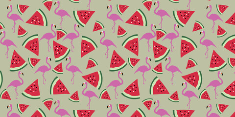 Watermelon with pink flamingo bird vector seamless pattern. Great as a textile print, fabric, wallpaper, invitation cards, packaging or giftwrap and background. Surface pattern design.