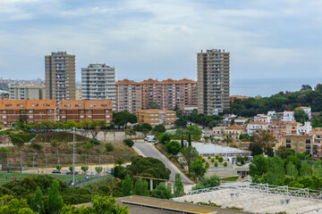 Montgat, Barcelona, Spain - May 16, 2021. Panoramic view of group of buildings from Turó de Mar, Montgat near Barcelona