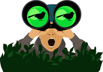 Excited birdwatcher observing a bird through a pair of binoculars, sitting in a hiding, EPS 8 vector illustration - obrazy, fototapety, plakaty
