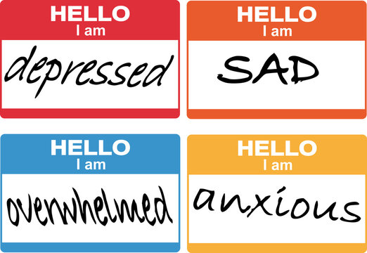 Stickers, labeling people as depressed, sad, anxious and overwhelmed, EPS 8 vector illustration