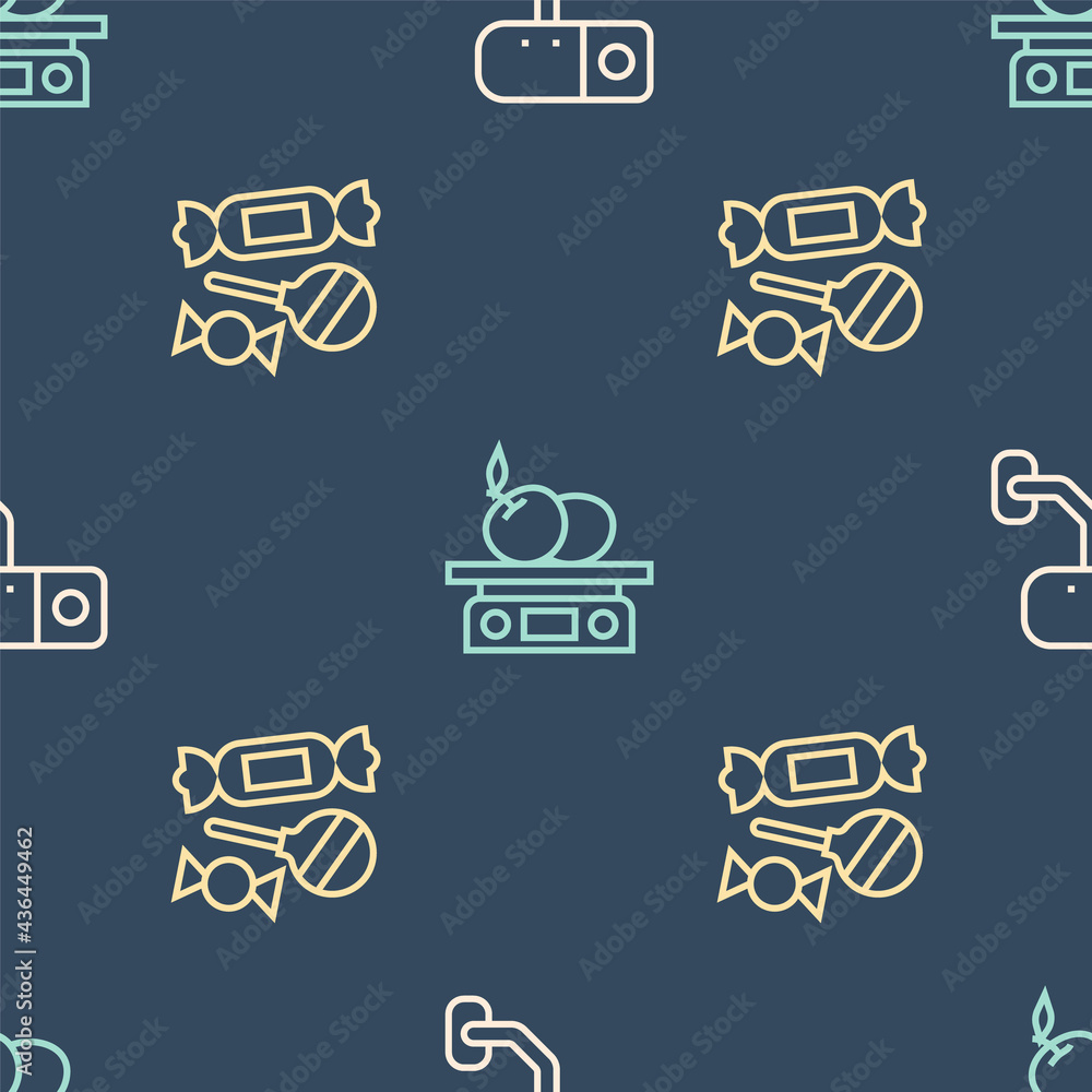 Poster set line security camera, candy and electronic scales for product on seamless pattern. vector