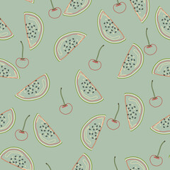 Line art watermelon and cherry vector seamless pattern. Trendy textile print, fabric, wallpaper, invitation cards, packaging or giftwrap and background. Surface pattern design.