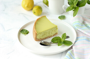 Сlose-up of homemade freshly baked delicious lemon cheesecake