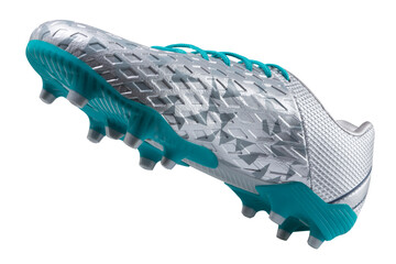 silver soccer shoes with spikes, turquoise soles and laces, levitate as if it flies, on a white...