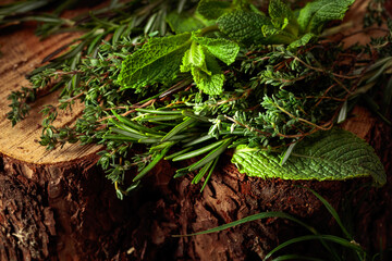 Fresh thyme, rosemary, and mint.