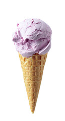 Blueberry ice cream in waffle cone isolated on  white .
