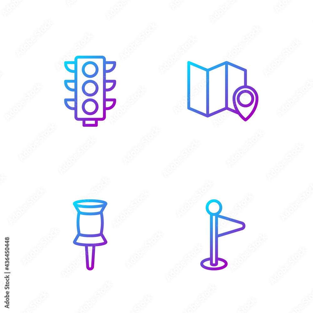 Poster set line location marker, push pin, traffic light and folded map with location. gradient color icons