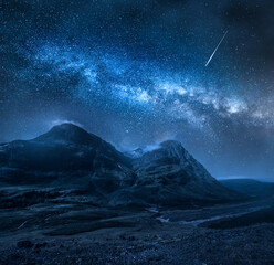 Milky way over mountains in Glencoe, Scotland. Highlands in Scotland