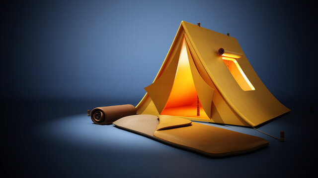 Camping Tent And Sleeping Bag Standing On Dark Blue Background. 3D Illustration