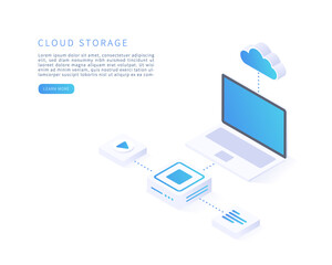 Cloud storage concept in isometric vector illustration. Digital service or app with data transfering. Digital server, database and cloud computing service. Vector illustration.