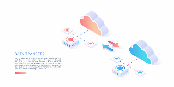 Data transfer concept in isometric vector illustration. Data transfer, file receiver and backup on cloud storage. Vector illustration.