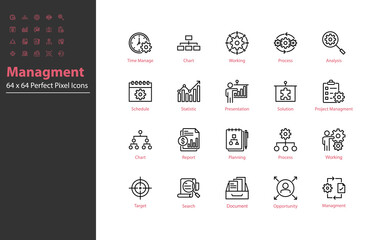 set of business managment thin line icons 64x64 px