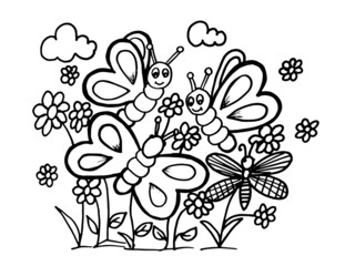 background with butterflies colo0ring page,flower coloring page,