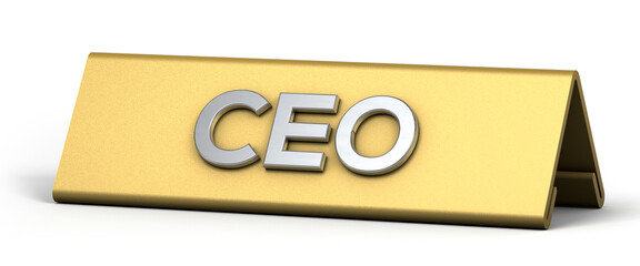 CEO word with golden nameplate isolated on white background. 3d illustration.
