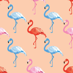 Flamingo Bird Vector Seamless Repeating Pattern. Trendy textile print, fabric, giftwrap or packaging, wallpaper, background. Surface pattern design.