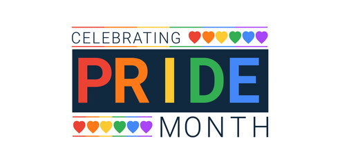Celebrating pride month with a heart. Rainbow bright banner for billboards and T-shirts, can be used as a seal for caps and masks. Isolated on a white background - obrazy, fototapety, plakaty