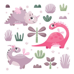 Cute Vector Set with Dinosaur Girls with plants, trees, bushes, stones in trendy colors