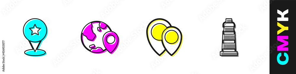 Poster set map pointer with star, location on the globe, and lighthouse icon. vector