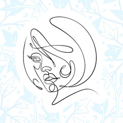 International Women's Day minimal design line drawing style. Portrait of young woman beauty face isolated on pastel leaf background. Vector for Spa, fashion, hairdressing and beautiful artwork design.
