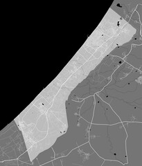 Detailed map of Gaza Strip, linear print map, land panorama. Black and white. - obrazy, fototapety, plakaty