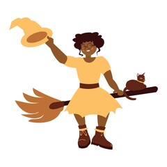 Young modern african american witch on broomstick and black cat Halloween card Cartoon vector illustration on white background
