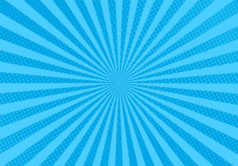 Pop art background. Comic halftone texture. Blue starburst pattern with beams and dots. Vintage duotone effect. Retro sunshine banner. Cartoon superhero print. Vector illustration.