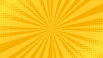 Pop art background. Comic halftone texture. Yellow cartoon starburst pattern. Retro print with beams and dots. Vintage sunburst banner. Funny superhero backdrop. Vector illustration.