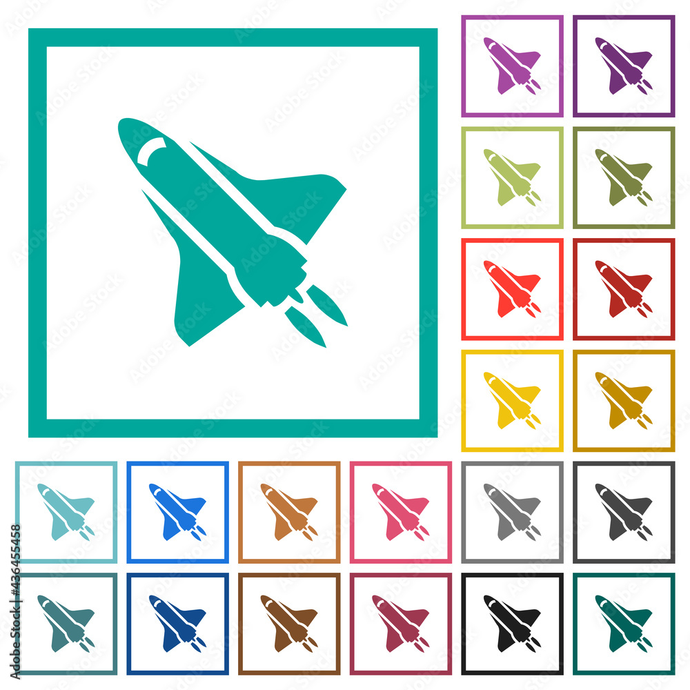 Poster space shuttle with propulsion flat color icons with quadrant frames