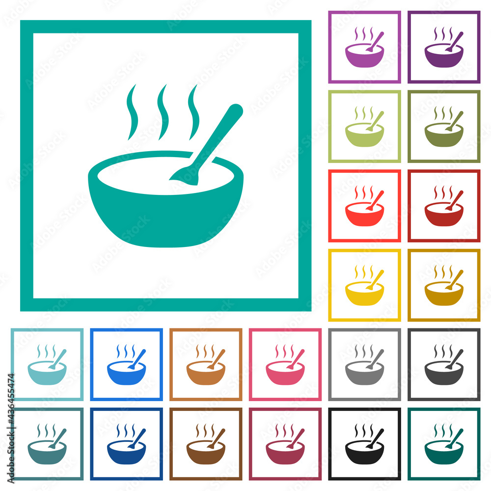 Poster Steaming bowl of soup with spoon flat color icons with quadrant frames