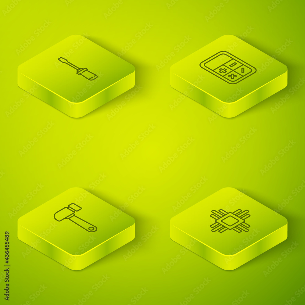 Poster set isometric calculator, hammer, processor with microcircuits cpu and screwdriver icon. vector