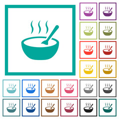 Steaming bowl of soup with spoon flat color icons with quadrant frames