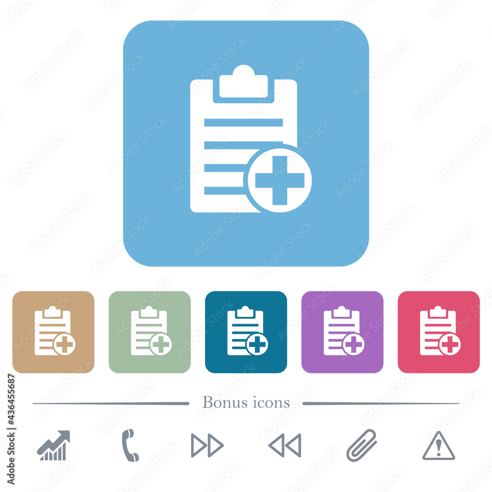 Aufkleber add new note flat icons on color rounded square backgrounds