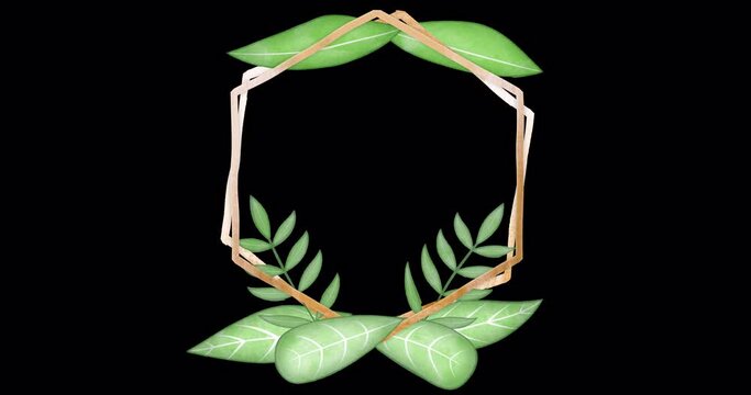 Stylized drawing frame made of animated leaves with bronze edging. An endlessly looped vegetable underlay with a blank space for text or information. Floral sign with transparent background.