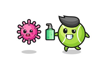 illustration of tennis character chasing evil virus with hand sanitizer