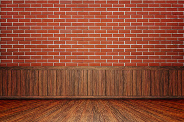Half wooden on red brick wall and Brown wooden floor background for product display or mock up for show room backdrop banner