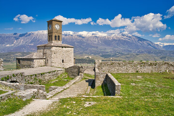 Inside the castle of Gjirokastra with view on the clocktower