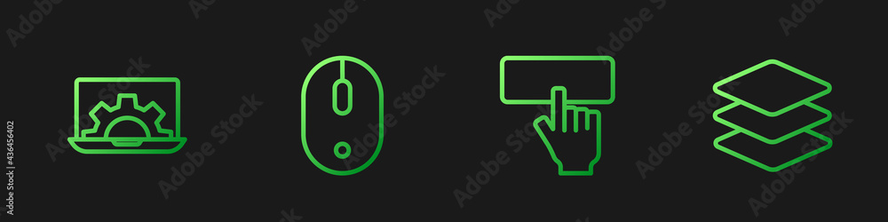 Poster set line keyboard, web development, computer mouse and layers. gradient color icons. vector
