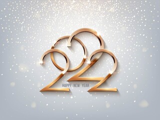 Happy New Year banner vector template. Winter holiday, Christmas congratulations. Festive postcard, luxurious greeting card concept. Gold 2022 number with golden glitter illustration with text space.