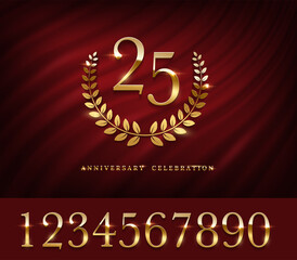 Anniversary logo with golden numbers template. 25th birthday, jubilee or wedding with laurel sign vector illustration. Invitation to celebrate. Shiny numbers on red fabric background
