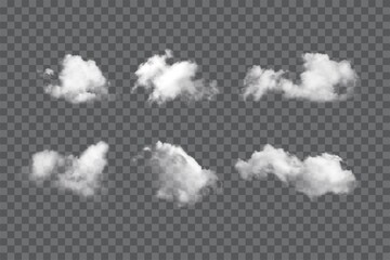 Clouds set on dark transparent background. Realistic fluffy white clouds vector illustration. Cloudy day nature outdoor.