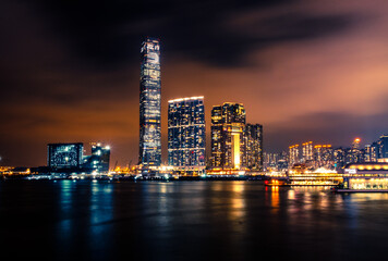 city skyline at night, city lights in downtown Hong Kong