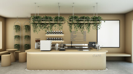 Cafe shop design Modern and Minimal,Beige counter,Metal light pendant, Metal menu text on wall,Beige colors seat,Floor concrete- 3D render