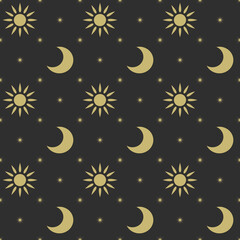 Seamless elegant pattern with sun, moon and stars decoration in rhombus shapes in golden color on black background