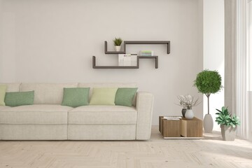 Soft color living room with sofa. Scandinavian interior design. 3D illustration