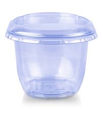 close up blue plastic transparent jar with a lid isolated on white